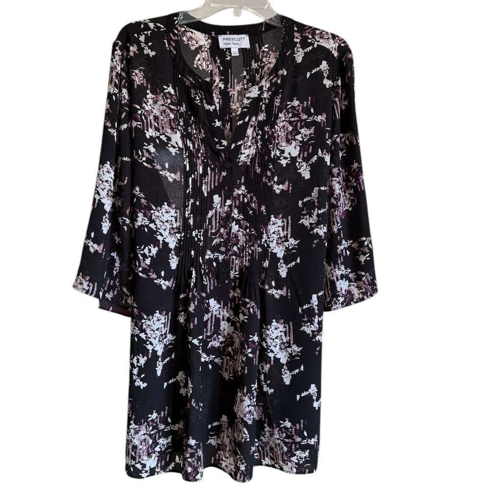Prescott New York Womens 2X Floral Pintuck Blouse Black Purple 3/4 Bell Sleeve